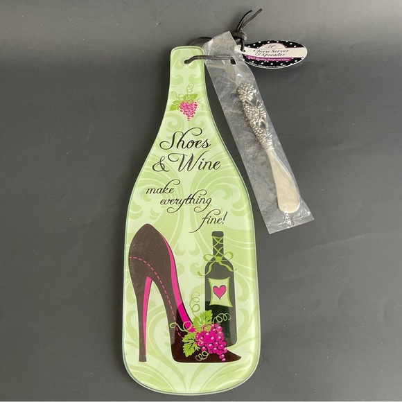 Epic Shoes and Wine Bottle Cheese Server with Spreader Tempered Glass - Picture 1 of 5